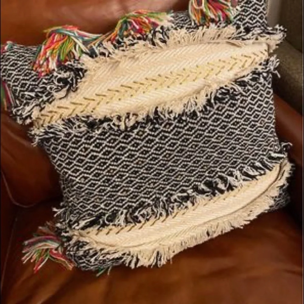 Anthropologie | Tasseled Retrograde Pillow Black Ivory Gold Embroidered